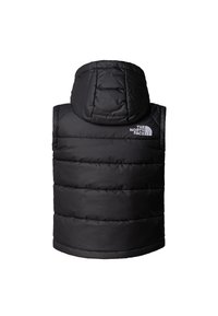 Svart vattert vest med hette, med quiltede seksjoner og en liten preget logo på øvre venstre side. Glatt, vannavstøtende stoff.