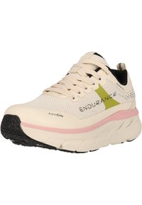 Scarpa sportiva beige con tomaia in rete, dettagli neri, logo verde, intersuola rosa e suola in gomma nera testurizzata. Design leggero.