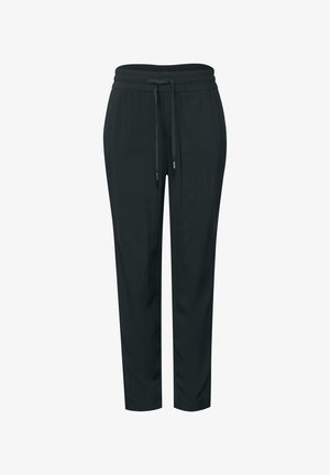 Black, lightweight jogger pants with an elastic waistband and adjustable drawstring. Features a straight fit and smooth texture.