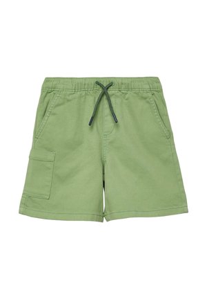 Hellgrüne Freizeithose mit elastischem Bund, schwarzem Kordelzug, zwei Seitentaschen und einer Cargotasche am linken Bein.