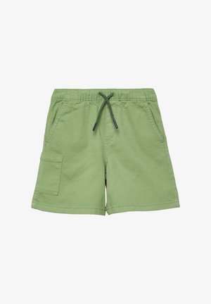 Hellgrüne Freizeithose mit elastischem Bund, schwarzem Kordelzug, zwei Seitentaschen und einer Cargotasche am linken Bein.