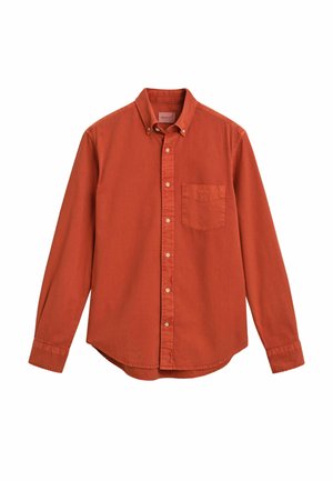 Langarmshirt in roestoranje, met knoopsluiting bij de kraag, een borstzak aan de linkerkant, gladdige stof met een licht gestructureerde afwerking.