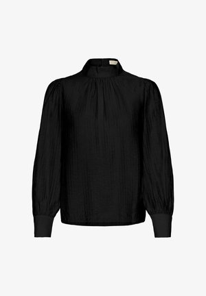 Black long-sleeve blouse with a high neck, featuring a textured fabric and gathered detailing at the shoulders and cuffs. Back button closure.