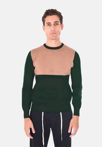 Maglione lavorato a maglia con un design a blocchi di colore; corpo verde con una parte superiore color sabbia. Collo rotondo, maniche lunghe e polsini a coste.