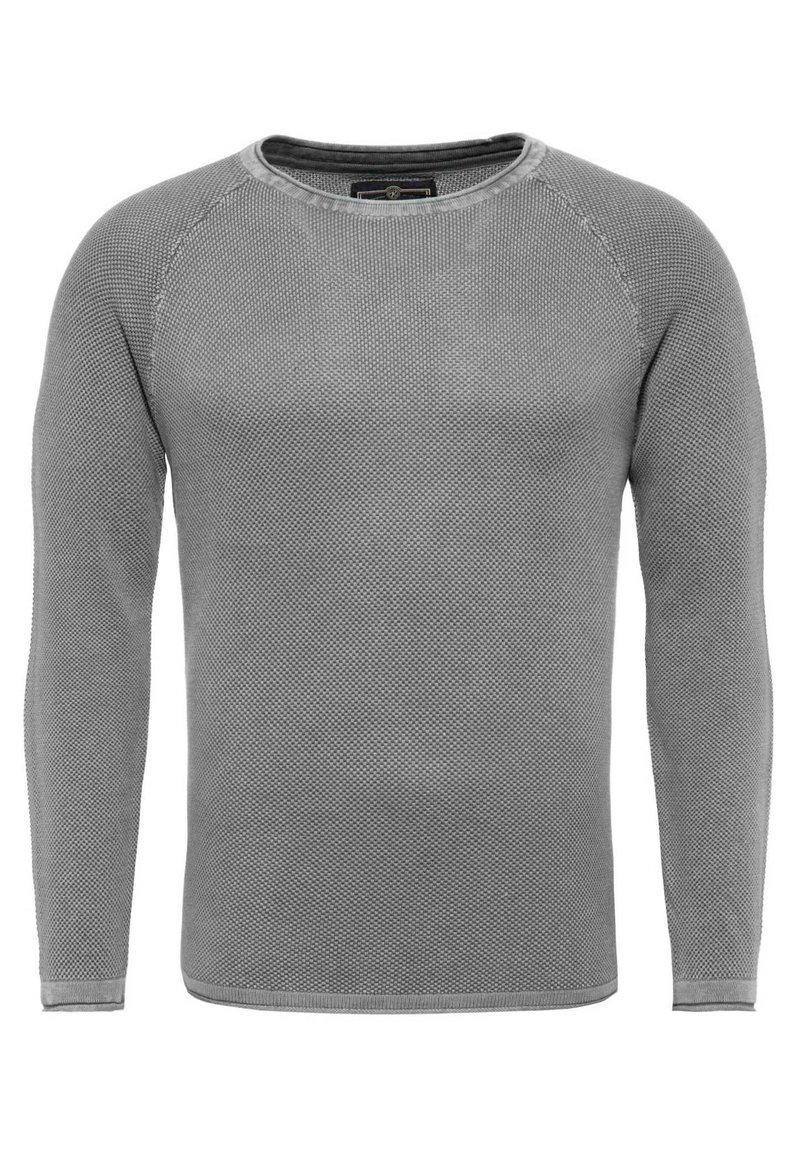 Szary sweter z długim rękawem wykonany z teksturowanej dzianiny, z okrągłym dekoltem i rękawami typu raglan, z prążkowanymi mankietami i obrębem.
