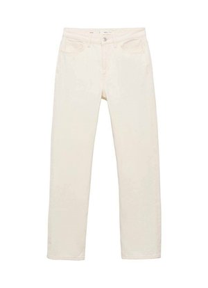 Jeans crem cu un ton de bumbac, având buzunare frontale, închidere cu nasture și fermoar, și croială dreaptă. Cusături distinctive vizibile.
