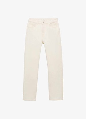 Kremaste traperice od pamuka, s prednjim džepovima, zatvaranjem na gumb i patentni zatvarač, te ravnim krojem. Vidljive karakteristične šavove.