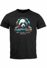 Schwarzes T-Shirt mit einem Panda, der Kopfhörer trägt, buntem Grafikdesign und dem Text "NEVERLESS Electronic Music" unter dem Panda.