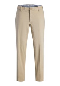 Chinos beige con un diseño de pierna recta, que cuentan con un cierre de botón y trabillas para cinturón. Textura suave, sin patrones o acentos notables.