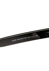 Black sunglasses with a smooth frame, marked with "UV400 PROTECTION CAT. 3 CE 106" on the side, indicating UV protection and certification.
