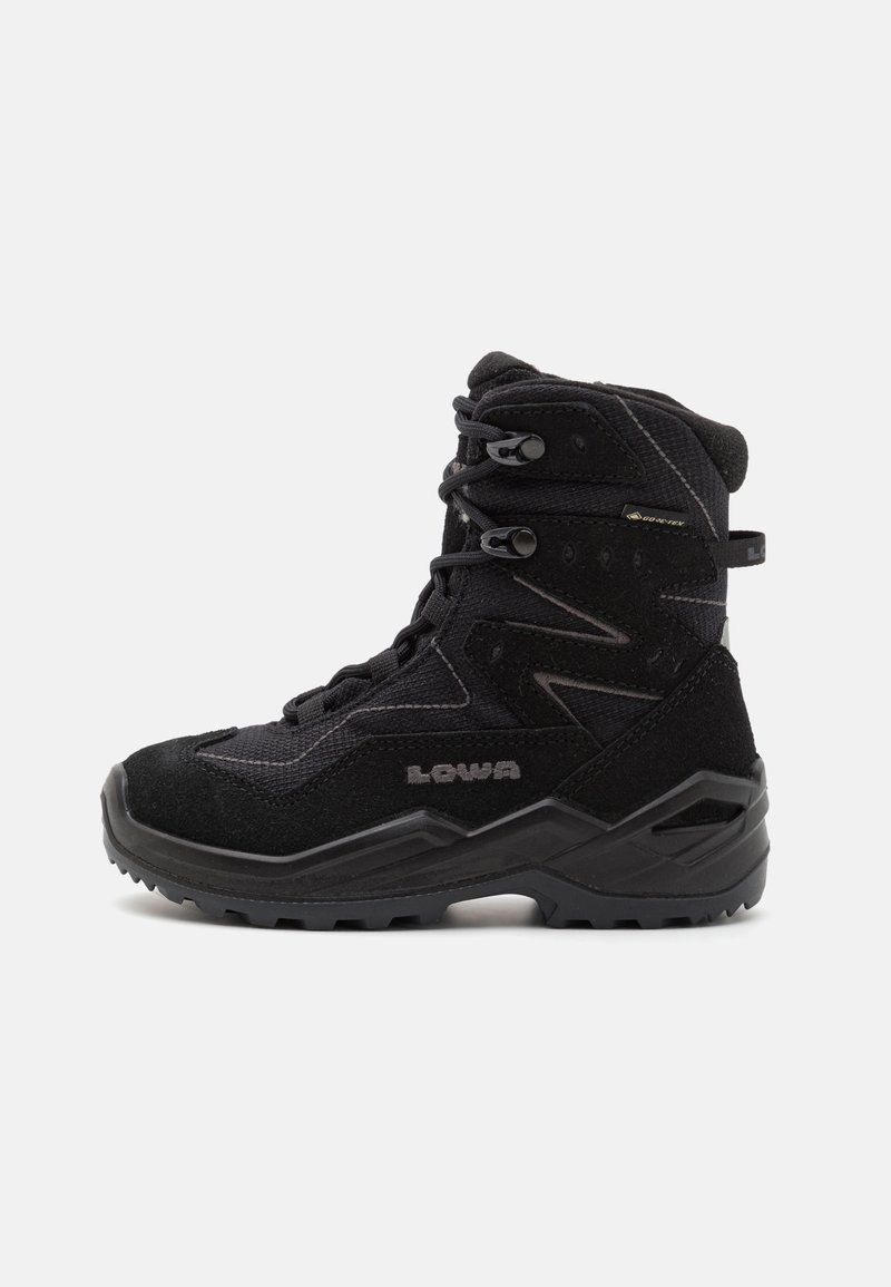Black outdoor boot featuring a combination of suede and textile materials, high ankle support, textured finish, and rugged rubber sole.