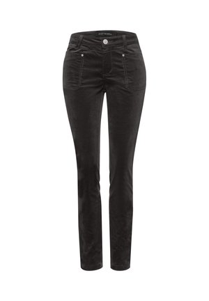Černé kordové kalhoty v slim fit střihu, se dvěma předními kapsami a zapínáním na knoflík. Měkká textura s vertikálními žebrovacími akcenty.