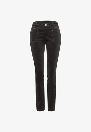 Černé kordové kalhoty v slim fit střihu, se dvěma předními kapsami a zapínáním na knoflík. Měkká textura s vertikálními žebrovacími akcenty.