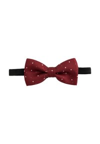 Bordó csokornyakkendő sima anyagból, fehér pöttyökkel, középen csomóval és állítható fekete pánttal.