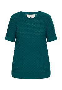 Pulover scurt cu mânecă scurtă, de culoare teal, cu un model texturat asemănător solzilor, cu guler și tiv cu nervuri, fabricat dintr-un material moale. Etichetat cu inscripția "usha" în interior.