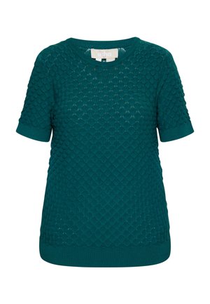 Tummansininen lyhythihainen neule, jossa on teksturoitu, vaahtosammakkomaisena kuviona, ribbireunus kauluksessa ja helmassa, valmistettu pehmeästä kankaasta. Tägtattu "usha"-merkinnällä sisäpuolella.