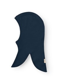 Dunkelblau gestrickte Balaclava mit passgenauem Design. Verfügt über abgerundete Kanten und ein Etikett auf einer Seite. Weiche Textur, geeignet für den Einsatz bei kaltem Wetter.