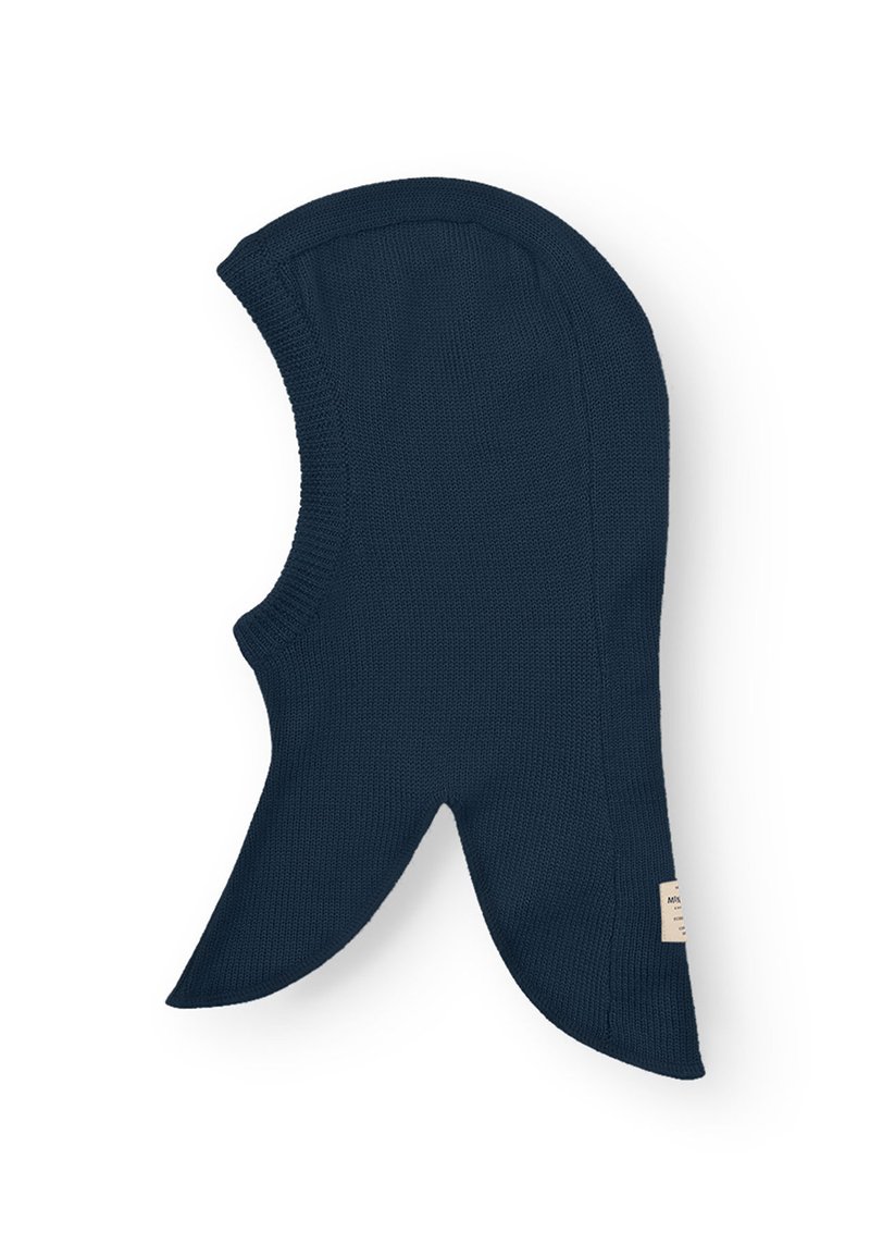 Dunkelblau gestrickte Balaclava mit passgenauem Design. Verfügt über abgerundete Kanten und ein Etikett auf einer Seite. Weiche Textur, geeignet für den Einsatz bei kaltem Wetter.