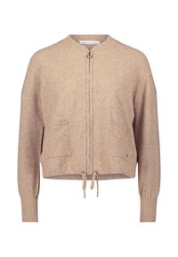 Beige Zip-Hoodie mit Rundhalsausschnitt, zwei Fronttaschen und Kordelzug am Saum. Weiche Textur mit gerippten Bündchen und einem lässigen Schnitt.