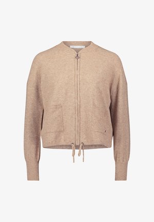 Beige zip-up sweater med rund hals, to frontlommer og snøre i kanten. Blød tekstur med ribbede manchetter og en afslappet pasform.