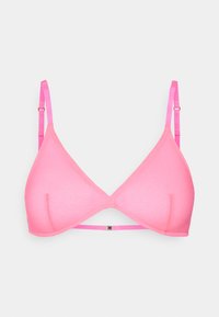 Reggiseno triangolare rosa realizzato in tessuto liscio con spalline regolabili e una piccola chiusura in metallo sul retro. Senza ferretto, design senza cuciture.