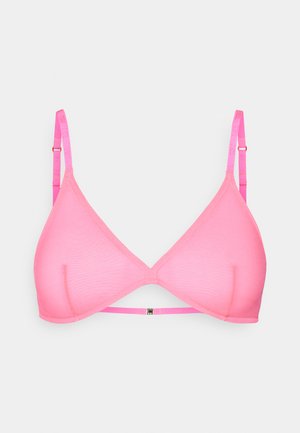 Reggiseno triangolare rosa realizzato in tessuto liscio con spalline regolabili e una piccola chiusura in metallo sul retro. Senza ferretto, design senza cuciture.