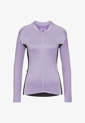 Purple long-sleeve zip jacket with black side panels and white accents. Lightweight, smooth fabric with a fitted design.