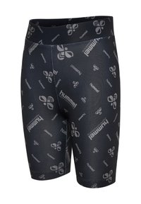 Svarta sportshorts i stretchy material, med ett upprepat grått logomönster, slim fit och elastisk midja.