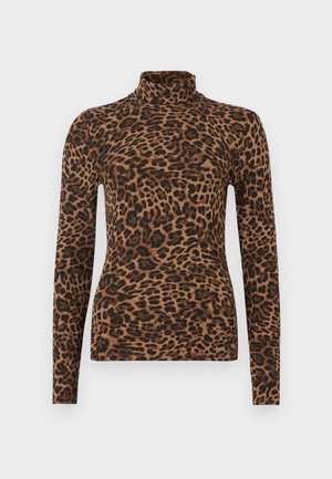 Maglia a collo alto a maniche lunghe marrone con stampa leopardata nera. Texture liscia, design aderente e collo alto.