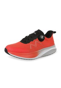 Red athletic shoe with a knit upper, black accents, a circular adjustable fit system, and a lightweight sole with a textured grip.