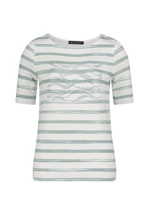 Chemise blanche à manches courtes avec des rayures horizontales vert clair et de petits motifs de vagues en strass sur la poitrine.