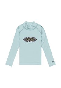 Ljusblå långärmad rash guard gjord av lätt material, med en svart och guldig oval logotyp på framsidan. Hög krage design.