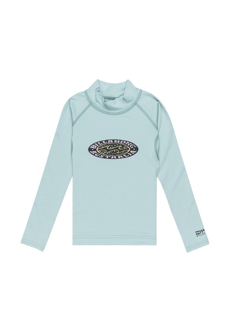 Ljusblå långärmad rash guard gjord av lätt material, med en svart och guldig oval logotyp på framsidan. Hög krage design.