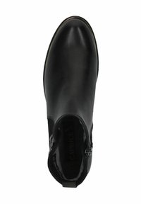 Botín negro de cuero suave con punta redonda, cremalleras laterales y un tacón corto. El interior cuenta con un forro suave y una marca.