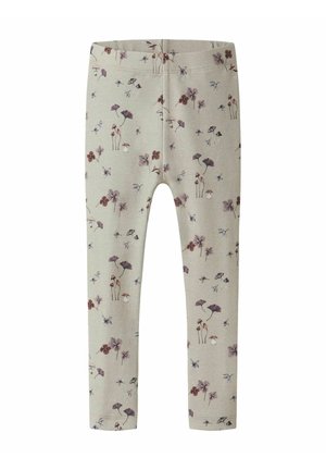 Beige Kinderleggings mit elastischem Bund, verziert mit einem Muster aus kleinen lila Blumen und braunen Pilzen.