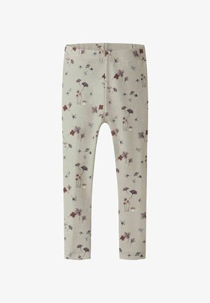 Beige kinderleggings met een elastische tailleband, versierd met een patroon van kleine paarse bloemen en bruine paddenstoelen.