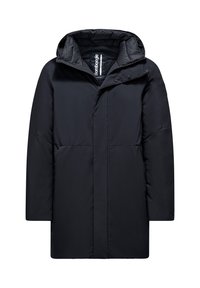 Sort quiltet jakke med hætte, med lynlåslukning, to forlommer og en glat tekstur. Den har også et mærke indeni.