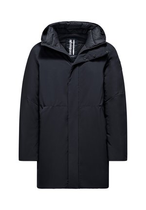 Cappotto imbottito nero con cappuccio, dotato di chiusura con zip, due tasche frontali e una texture liscia. Include un'etichetta con marchio all'interno.