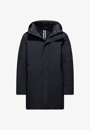 Czarna ocieplana kurtka z kapturem, z zamkiem błyskawicznym, dwoma przednimi kieszeniami i gładką fakturą. Zawiera metkę z logo wewnątrz.