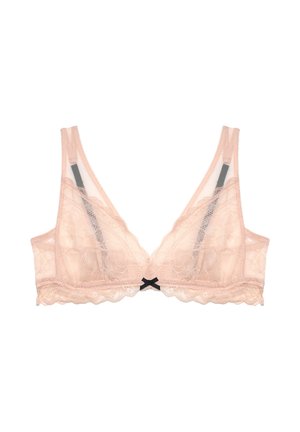 Transparente hellrosa Spitzen-Bralette mit verstellbaren Trägern, Blumenmuster, gewellten Rändern und einer kleinen schwarzen Schleife in der Mitte vorne.