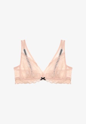 Sheer light pink lace bralette with adjustable straps, floral pattern, scalloped edges, and small black bow centered at the front.