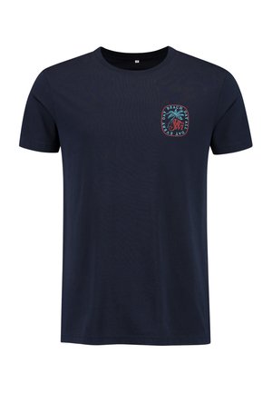 Marineblaue Baumwoll-T-Shirt mit kurzen Ärmeln und rundem Ausschnitt. Mit einem grafischen Druck auf der Brust, der Text und ein Palmenmotiv zeigt.