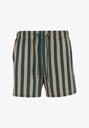 Férfi fürdőnadrág, függőleges csíkokkal sötétkék és bézs színben, rugalmas derékpánttal és zsinórral, valamint texturált anyagból készült.