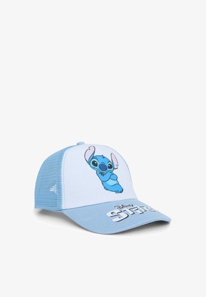 Cappellino da baseball blu con retro in rete, caratterizzato da una grafica di Stitch su un pannello frontale bianco e il testo "Disney Stitch" sulla visiera.