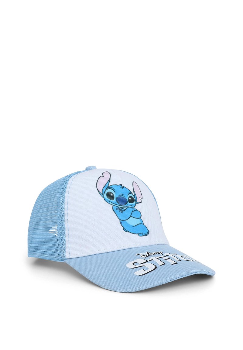 Cappellino da baseball blu con retro in rete, caratterizzato da una grafica di Stitch su un pannello frontale bianco e il testo "Disney Stitch" sulla visiera.