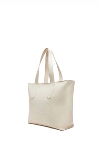 Borsa a spalla beige in finta pelle liscia, con due manici dritti e una tasca frontale con un design pulito e minimalista.