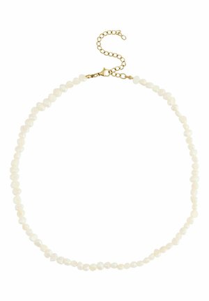 Pearl necklace with a gold chain clasp. Features small, smooth, irregularly shaped white pearls. Adjustable length with a chain extender.