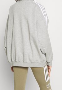 Grå sweatshirt med hög halsringning och oversized passform. Har vita ränder på ärmarna. Kombineras med olivgröna byxor, även de med ränder.