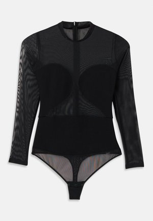 Black bodysuit featuring a fitted design with sheer long sleeves, a crew neck, and a snap closure at the bottom. Fabric texture is smooth.