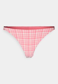 Parte de baixo de bikini em padrão xadrez rosa e branco, com uma textura suave e laterais finas, apresentando um design sem costura e forro interior em contraste.